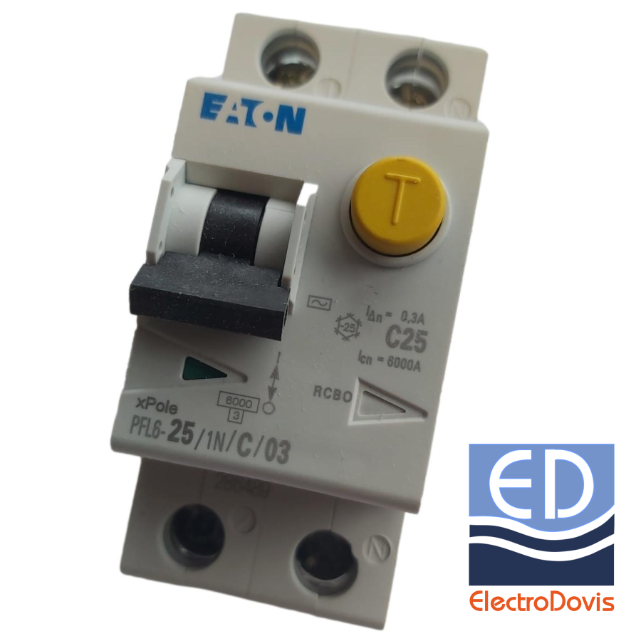 Întrerupător diferențial 1P+N 25A/ 300mA RCBO tip AC curba C 6kA EATON - PFL6-25/1N/C/0,3A
