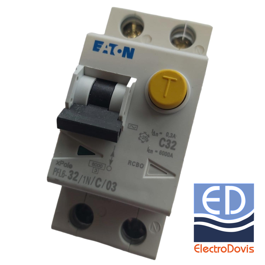 Întrerupător diferențial 1P+N 32A/ 300mA RCBO tip AC curba C 6kA EATON - PFL6-32/1N/C/0,3A