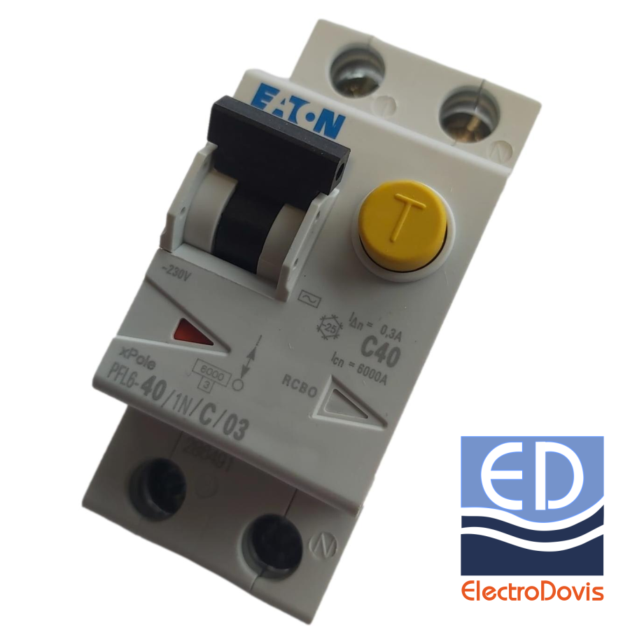 Întrerupător diferențial 1P+N 40A/ 300mA RCBO tip AC curba C 6kA EATON - PFL6-40/1N/C/0,3A