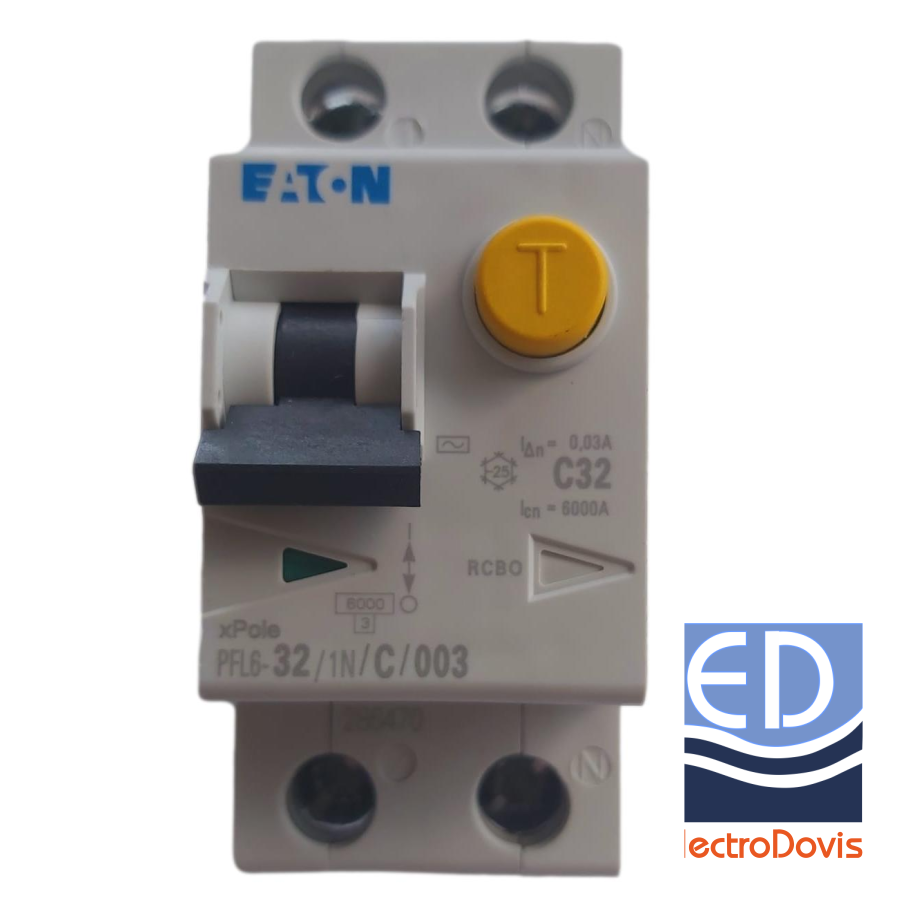 Întrerupător diferențial 1P+N 32A/ 30mA RCBO tip AC curba C 6kA EATON - PFL6-32A/1N/0.03A