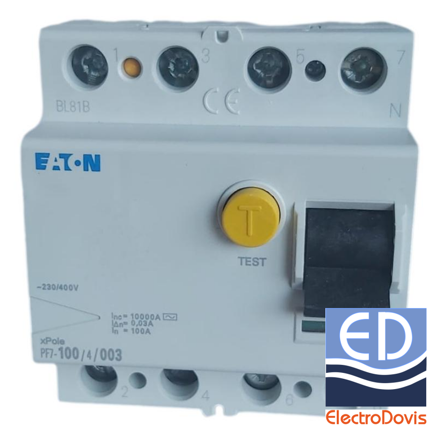 Întrerupător diferențial tetrapolar 100A/ 30mA RCCB tip AC EATON PF7/100A/4/0.03A