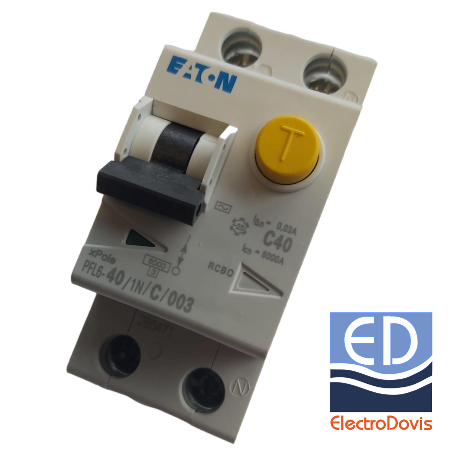 Întrerupător diferențial 1P+N 40A/ 30mA RCBO tip AC curba C 6kA EATON - PFL6-40A/1N/0.03A