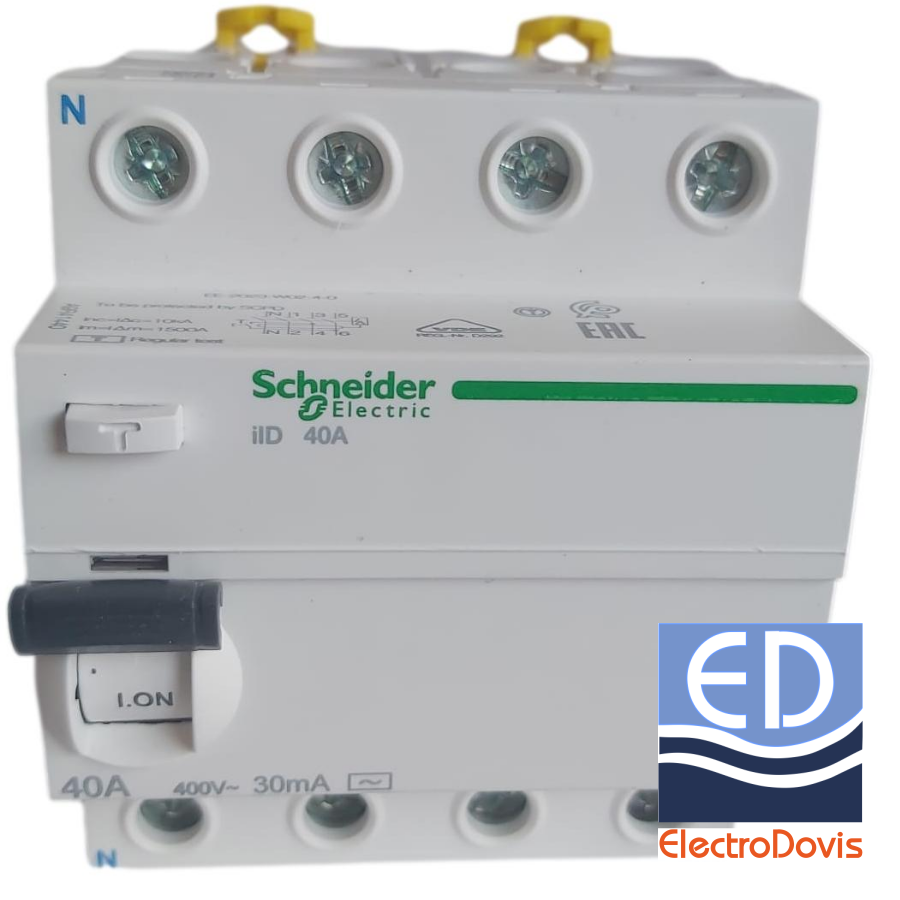 Întrerupător diferențial tetrapolar 40A/ 30mA RCCB tip AC 10kA Schneider - A9R41440
