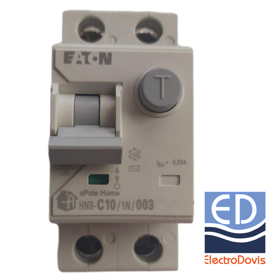 Întrerupător diferențial 1P+N 10A/ 30mA RCBO tip AC curba C 6kA Eaton - HNB-10A/1N/0.03A