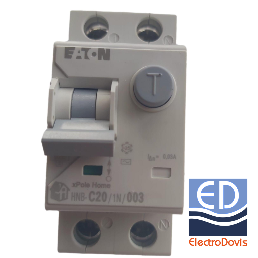 Întrerupător diferențial 1P+N 20A/ 30mA RCBO tip AC curba C 6kA Eaton - HNB-20A/1N/0.03A