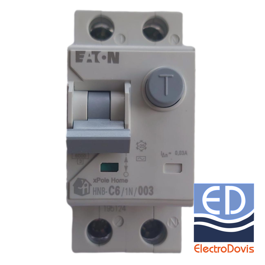 Întrerupător diferențial 1P+N 6A/ 30mA RCBO tip AC curba C 6kA Eaton - HNB-6A/1N/0.03A