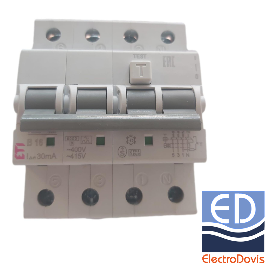 Întrerupător diferențial tetrapolar 16A/ 30mA RCBO tip A curba B 6kA 3p+N KZS-4M Eti 002174904