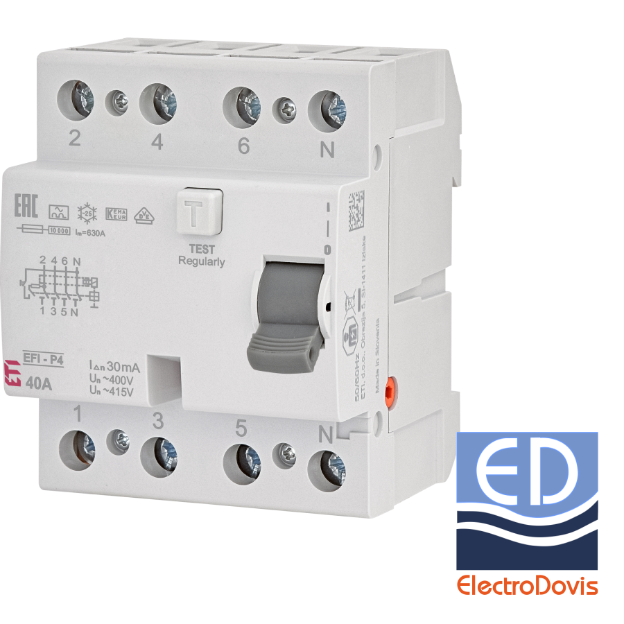 Întrerupător diferențial tetrapolar 40A/ 30mA RCCB tip A ETI - 2061512
