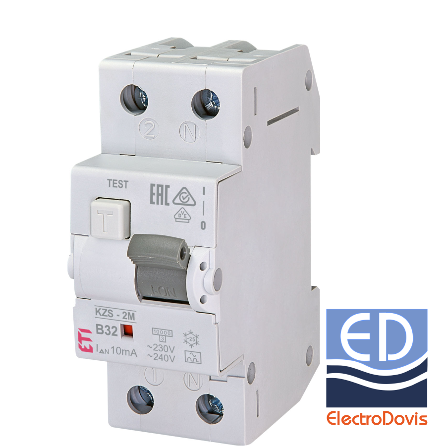 Întrerupător diferențial 1P+N 32A/ 10mA RCBO tip A curba B 10kA KZS-2M ETI - 002173217