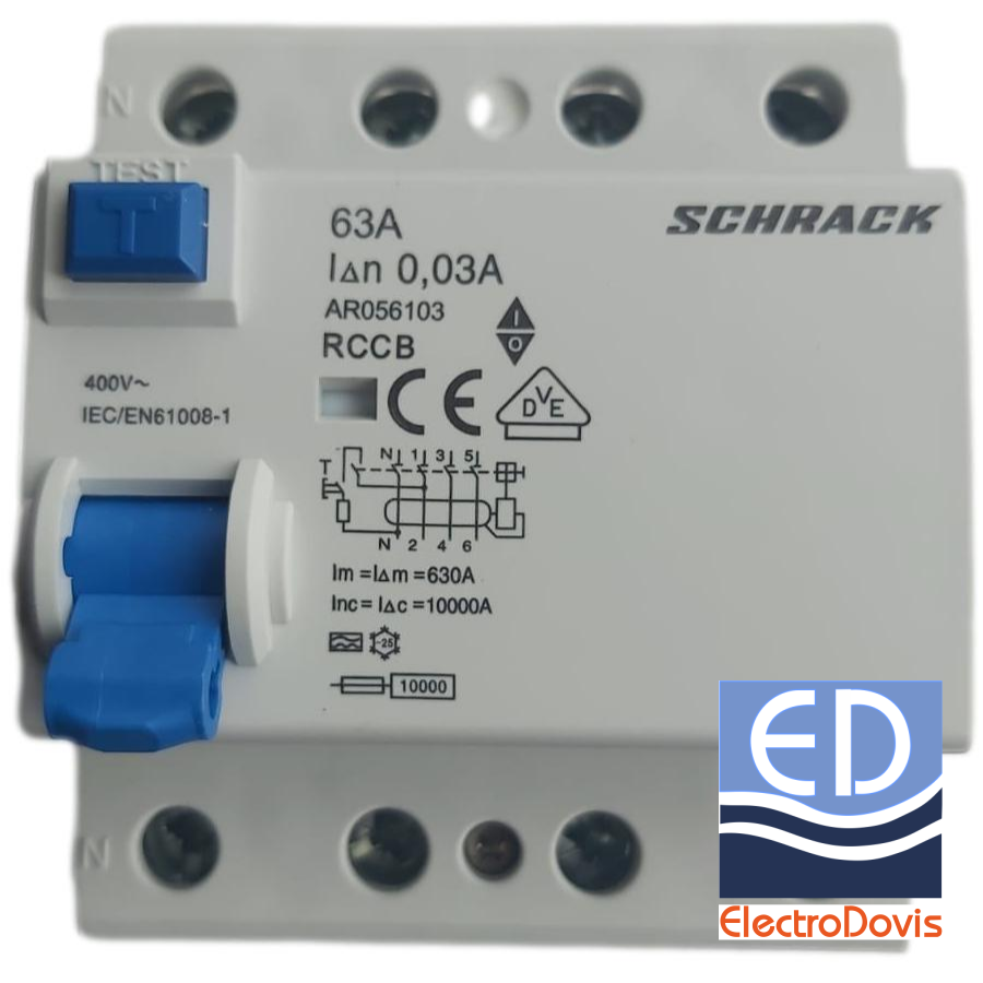 Întrerupător diferențial tetrapolar 63A/ 30mA RCCB tip A Schrack AMPARO -AR056103