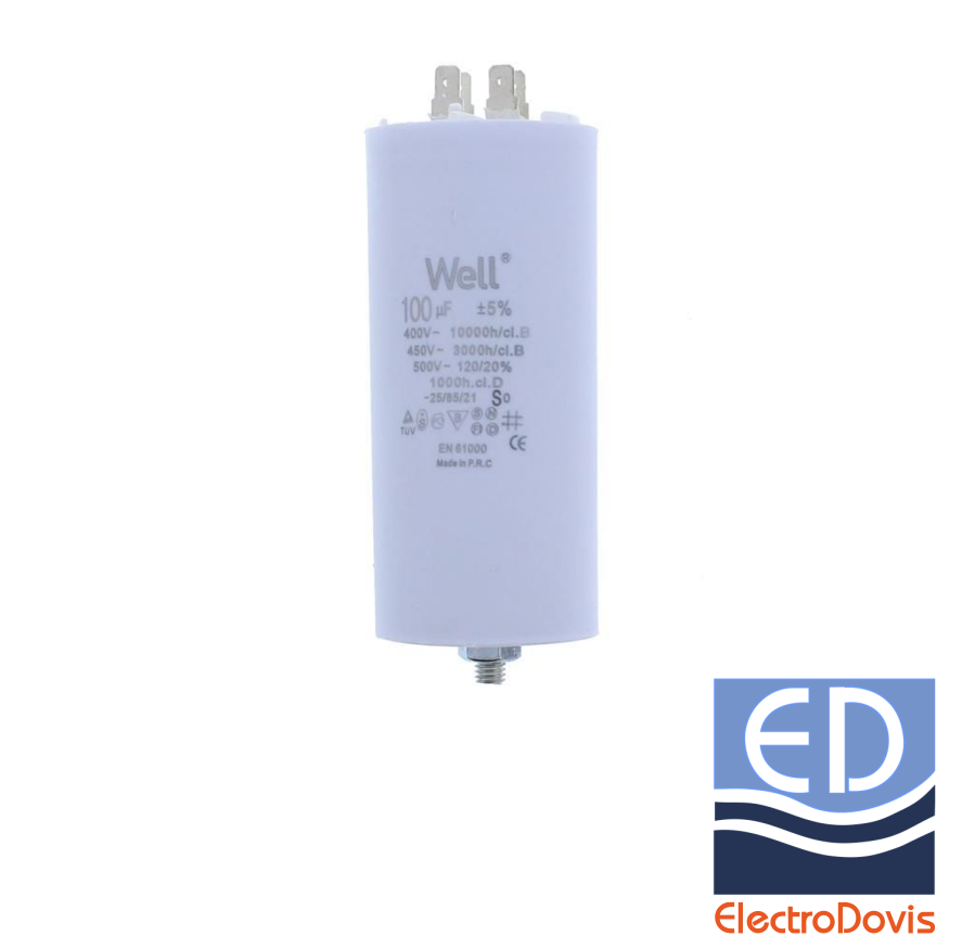 CONDENSATOR 100µF CU BORNE pentru MOTOR 400V Well