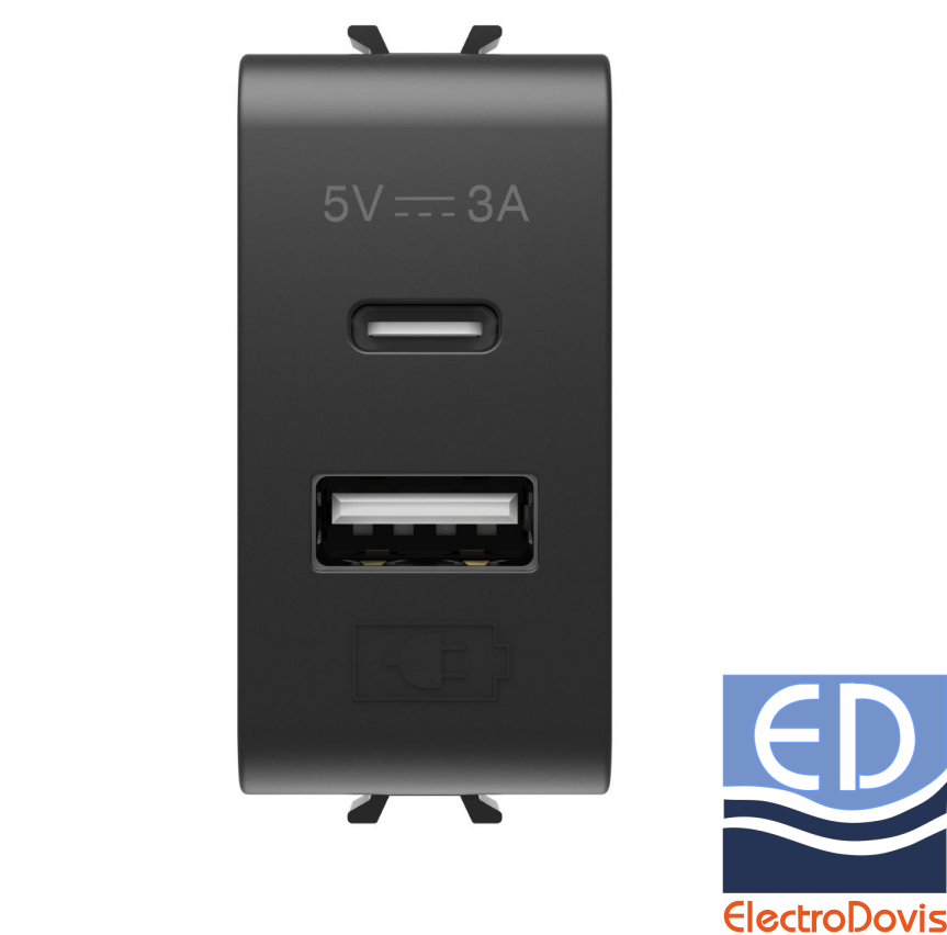 ADAPTOR USB GW12449 negru Chorus pentru incarcare, maxim 3A total, 5V. 1xUSB tipA + 1 tipC
