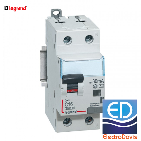 Întrerupător diferențial 1P+N 16A/ 30mA RCBO tip AC curba C 6kA Legrand - 411002