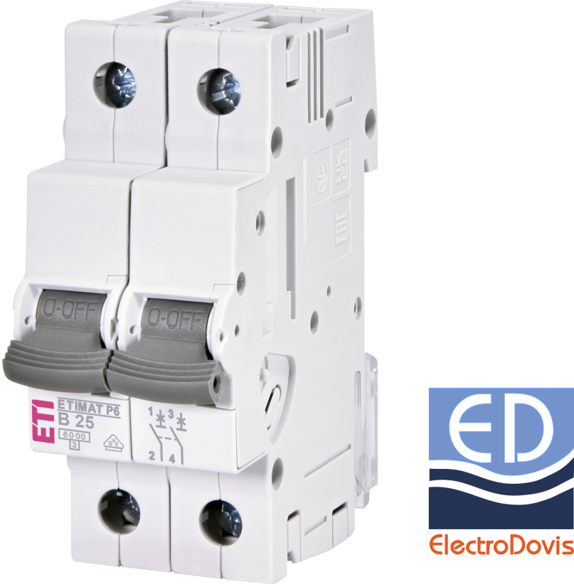 Întrerupător automat bipolar 2P 25A curba B 6kA Eti 001900212