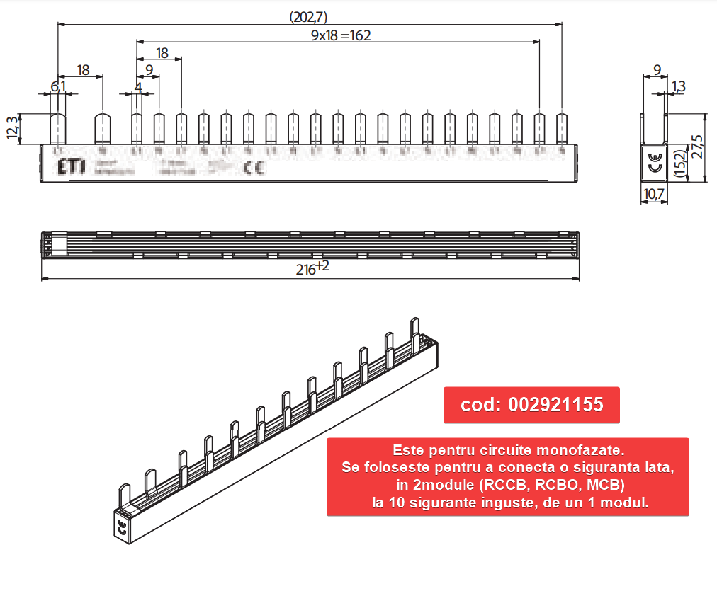 BARETA bipolara trecere la 10xF+N 1 modul Eti 002921155