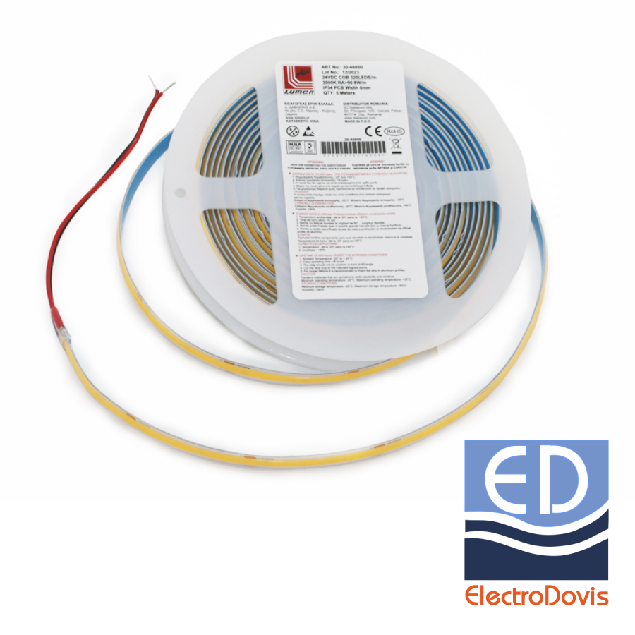 BANDA LED LCOB 24V IP54 8W/m lumină caldă 8mm 5m 800lm/m 30-48800 Lumen