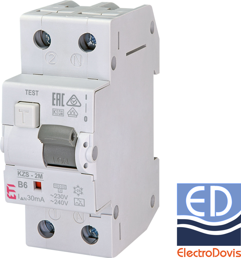 Întrerupător diferențial 1P+N 6A/ 30mA RCBO tip A curba B 10kA KZS-2M ETI - 002173201
