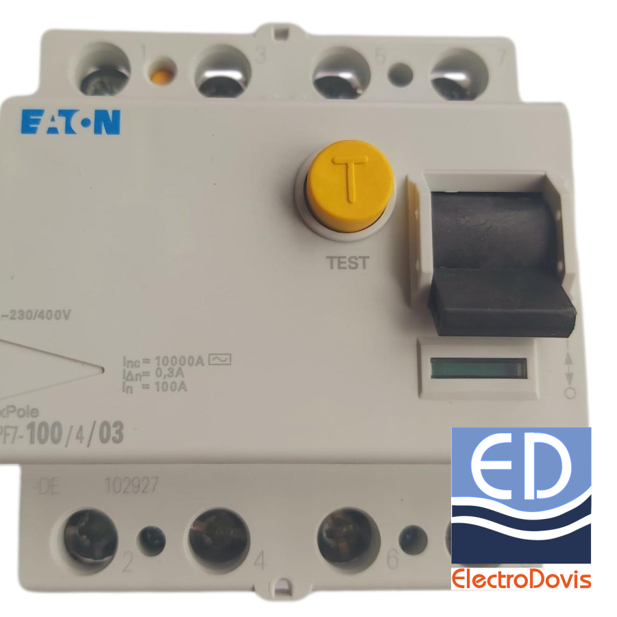 Întrerupător diferențial tetrapolar 100A/ 300mA RCCB tip AC EATON PF7/100A/4/0.3A