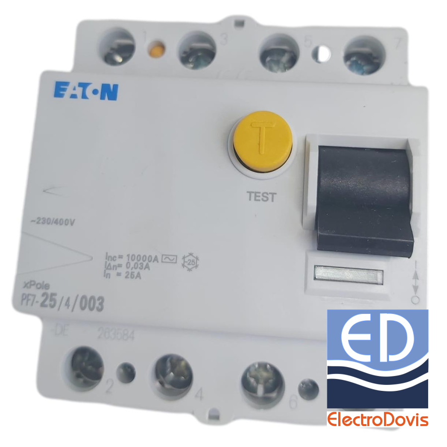 Întrerupător diferențial tetrapolar 25A/ 30mA RCCB tip AC EATON - PF7/25A/4/0.03A