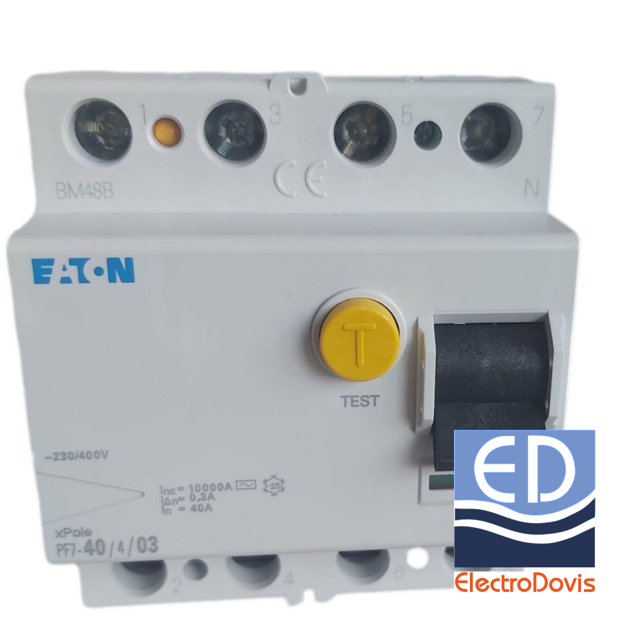 Întrerupător diferențial tetrapolar 40A/ 300mA RCCB tip AC EATON - PF7/40A/4/0.3A