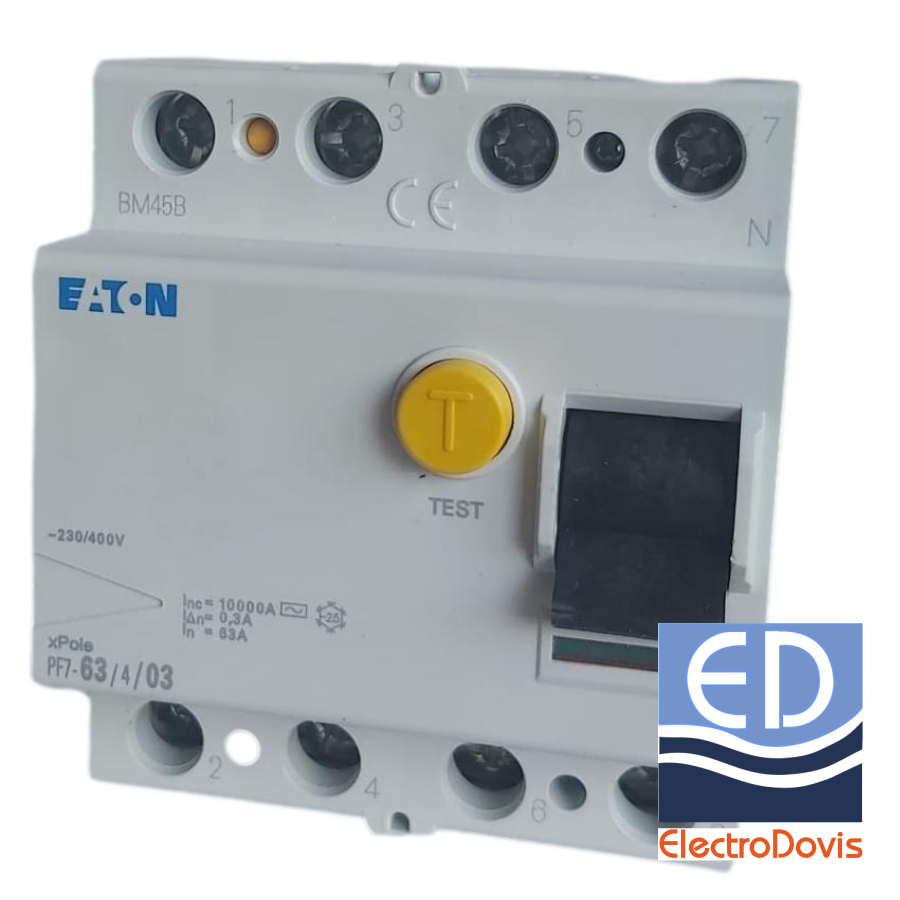 Întrerupător diferențial tetrapolar 63A/ 300mA RCCB tip AC EATON - PF7/63A/4/0.3A