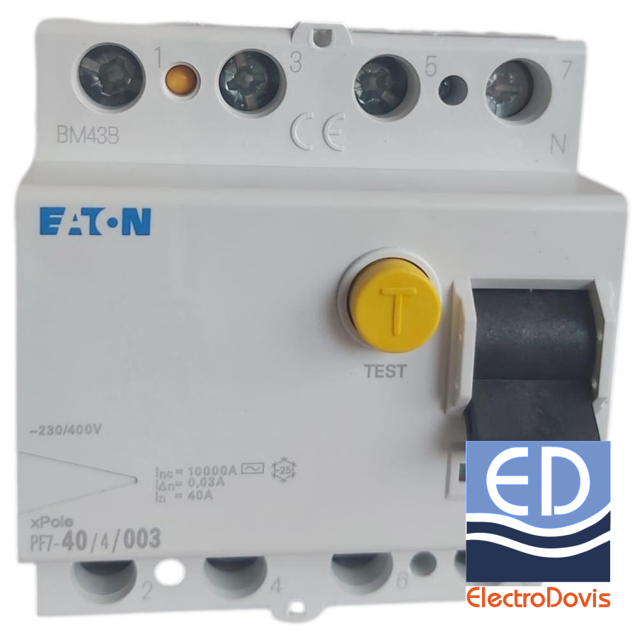 Întrerupător diferențial tetrapolar 40A/ 30mA RCCB tip AC EATON - PF7/40A/4/0.03A