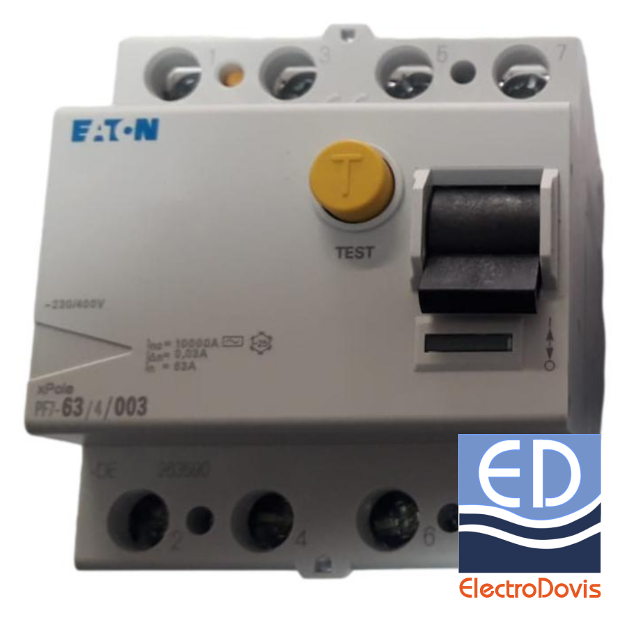 Întrerupător diferențial tetrapolar 63A/ 30mA RCCB tip AC EATON - PF7/63A/4/0.03A