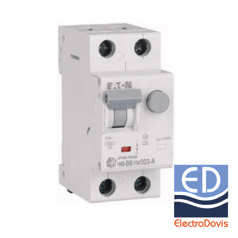 Întrerupător diferențial 1P+N 6A/ 30mA RCBO tip A curba B 6kA Eaton - HNB-6A/1N/0.03A