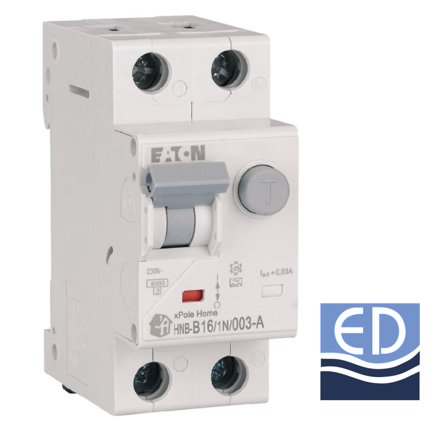 Întrerupător diferențial 1P+N 16A/ 30mA RCBO tip A curba B 6kA Eaton - HNB-16A/1N/0.03A