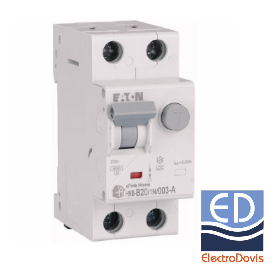 Întrerupător diferențial 1P+N 20A/ 30mA RCBO tip A curba B 6kA Eaton - HNB-20A/1N/0.03A
