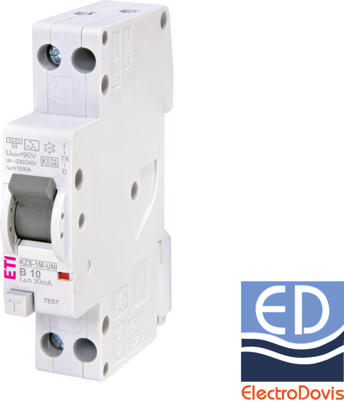 Întrerupător diferențial 1P+N 10A/ 30mA RCBO tip A curba B 6kA KZS-1M-UNI ETI - 002176022