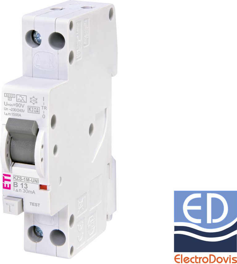Întrerupător diferențial 1P+N 13A/ 30mA RCBO tip A curba B 6kA KZS-1M-UNI ETI - 002176023
