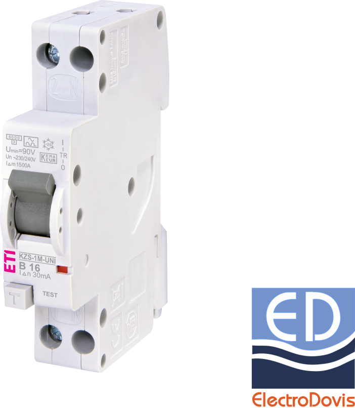 Întrerupător diferențial 1P+N 16A/ 30mA RCBO tip A curba B 6kA KZS-1M-UNI ETI - 002176024