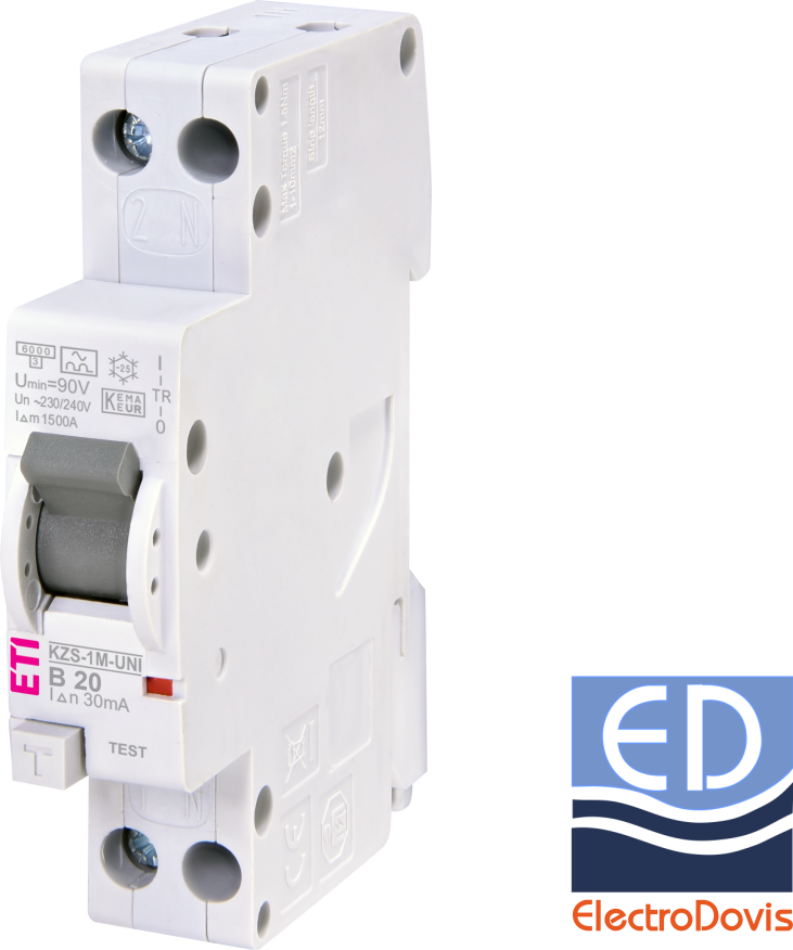 Întrerupător diferențial 1P+N 20A/ 30mA RCBO tip A curba B 6kA KZS-1M-UNI ETI - 002176025