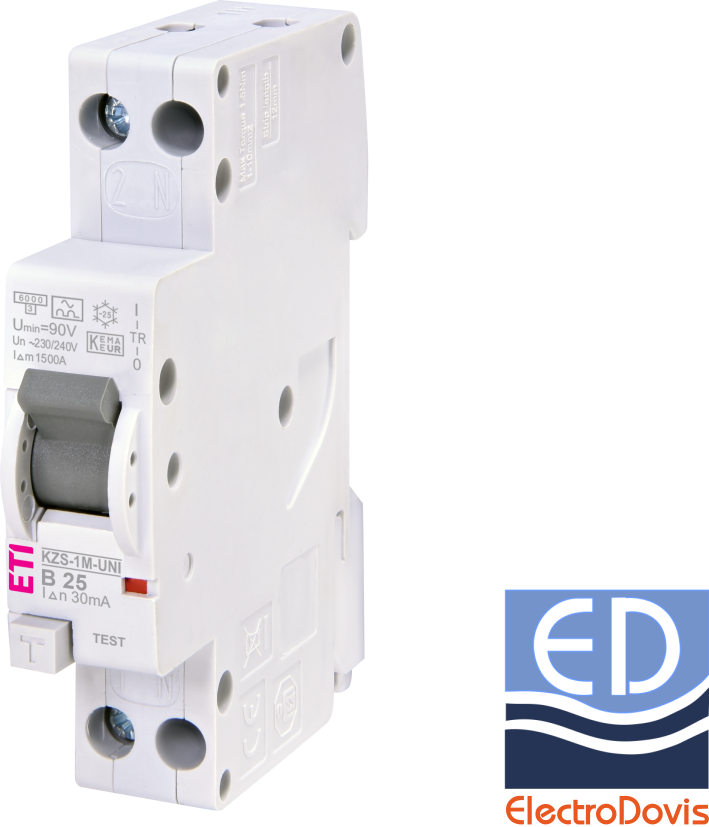 Întrerupător diferențial 1P+N 25A/ 30mA RCBO tip A curba B 6kA KZS-1M-UNI ETI - 002176026