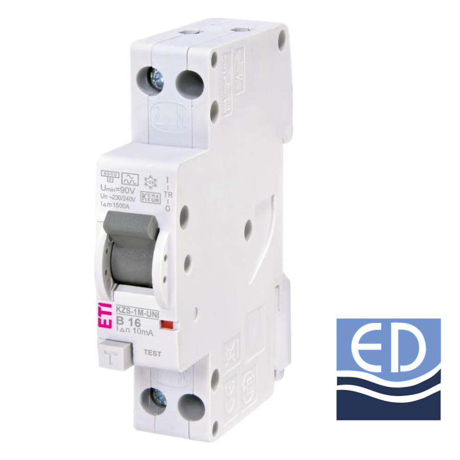 Întrerupător diferențial 1P+N 16A/ 10mA RCBO tip A curba B 6kA KZS-1M-UNI ETI - 002176004