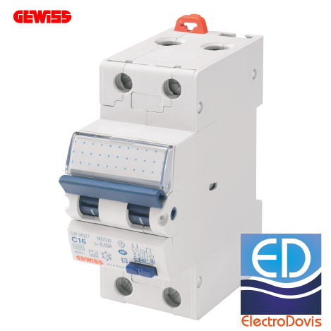 Întrerupător diferențial 1P+N 16A/ 30mA RCBO tip AC curba C 4.5kA Gewiss - GW94007