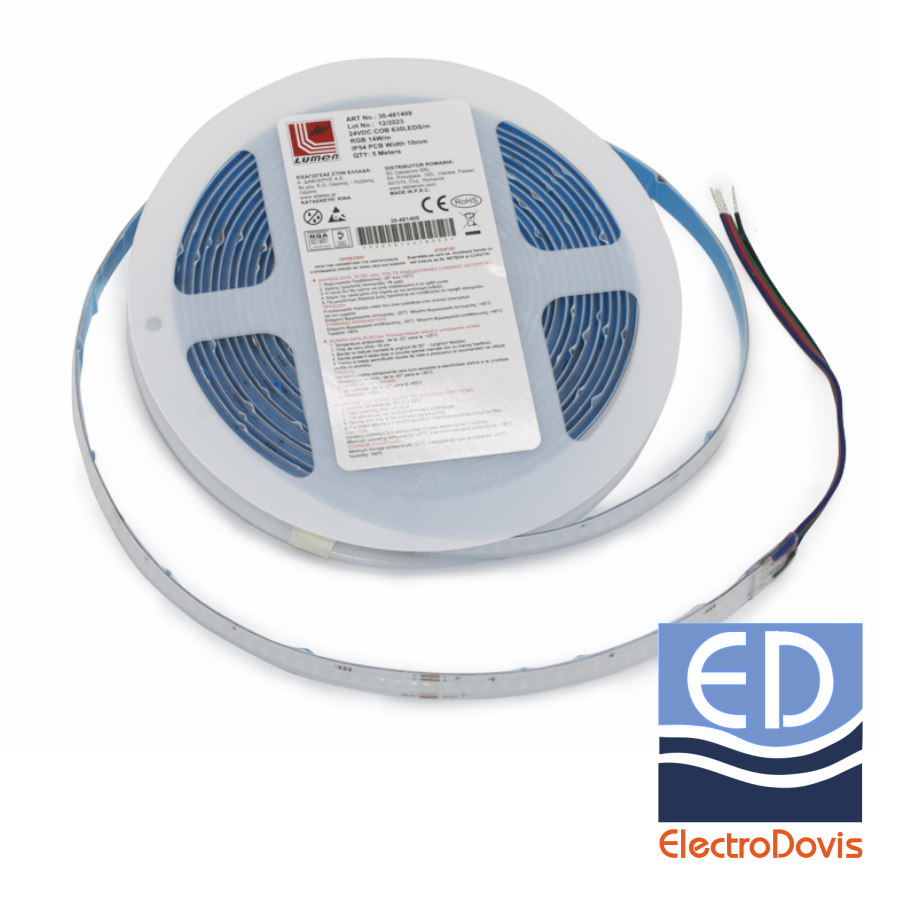 BANDA LED LCOB 24V IP54 14W/m RGB 10mm 5m 1540lm/m 30-481409 Lumen