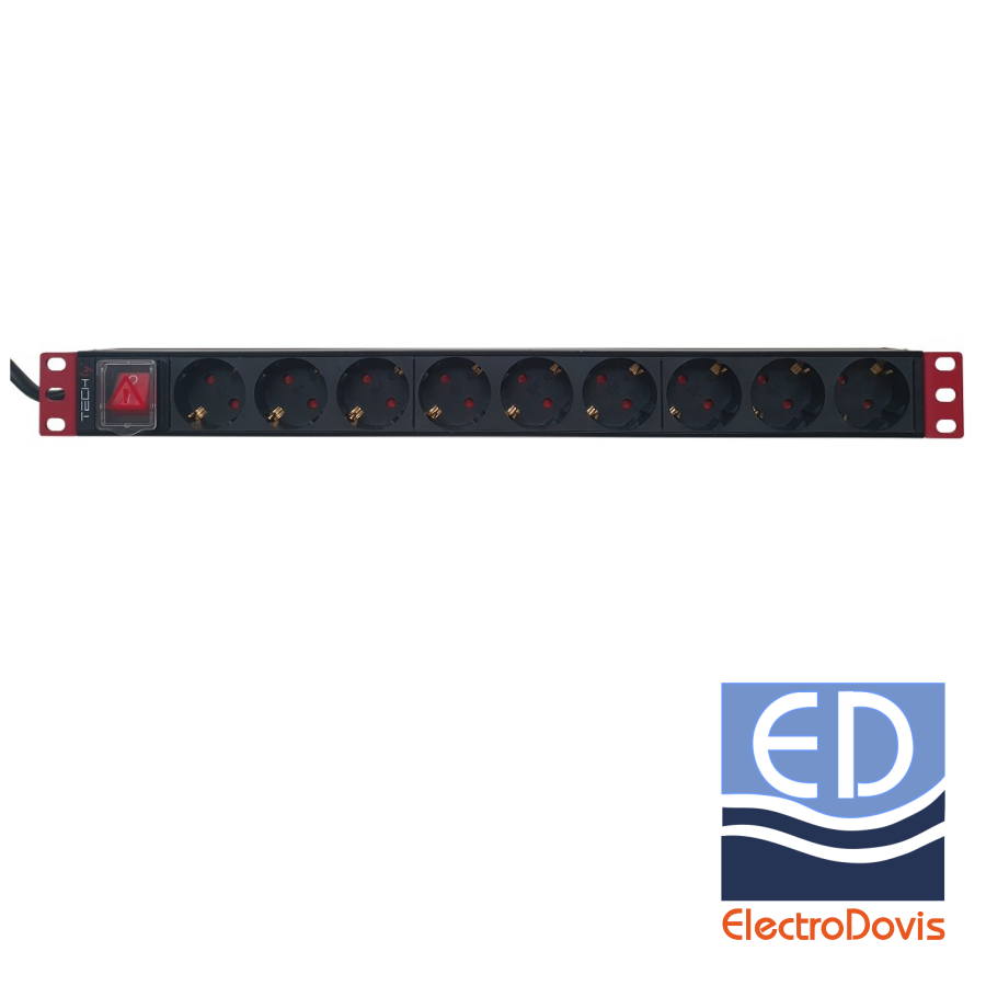 DISTRIBUITOR tensiune pentru rack 19" 9xSchuko + intrerupator 16A, cablu 2m TECHLY