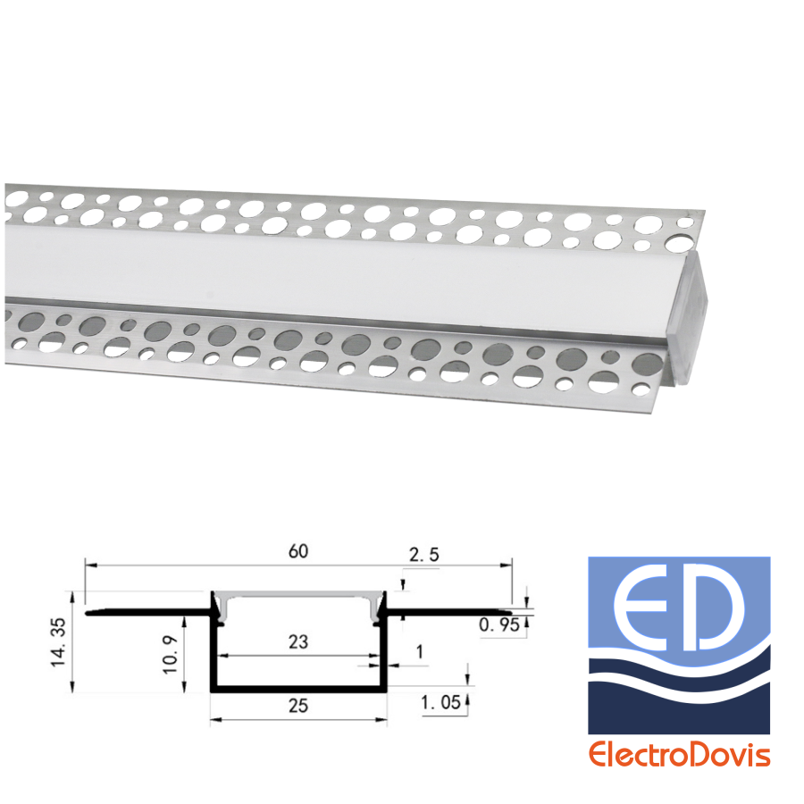 PROFIL ALUMINIU + DISPERSOR mat rigips lat pentru banda led maxim 21mm ARGINTIU L=2m 30-1545009